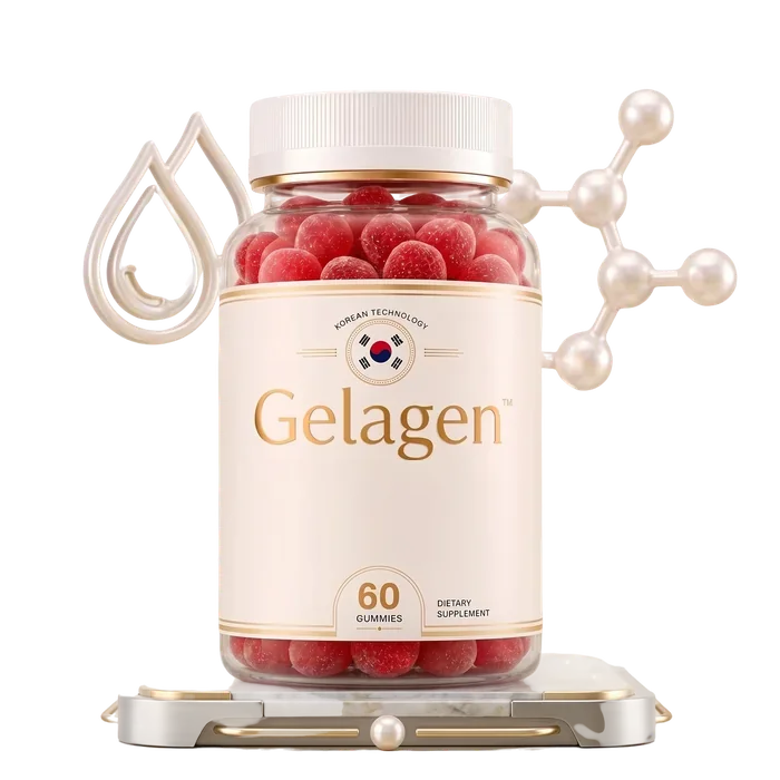 Gelagen gummies bottle with a cream and gold label showing the Gelagen name, 60 gummies and Dietary Supplement, from a seller product image; we removed one printed marketing line